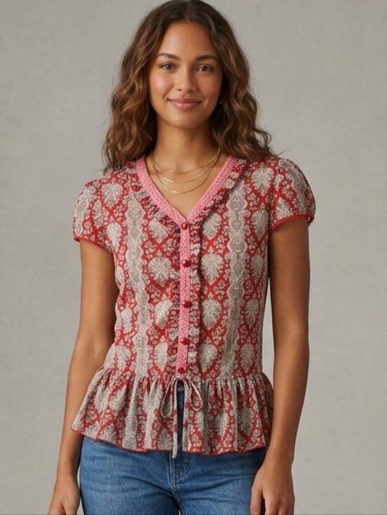 A Channel Collection Tops - Red Printed Short-Sleeve Button-Front Peplum Blouse